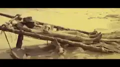 Skeleton on a sled in the desert