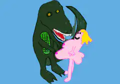 T-Rex holding a pink doll