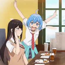 Blue-haired girl cheering at table