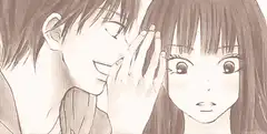 anime couple whispering and smiling