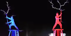 Blue and red figures fighting with lightning