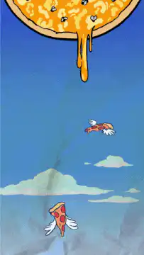 Pizza slice with wings flying towards a giant pizza