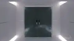Black Widow walks through opening doors
