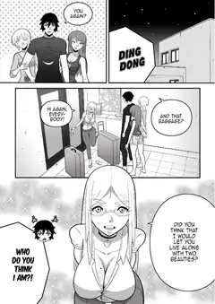 Girl with suitcase greets two people at door