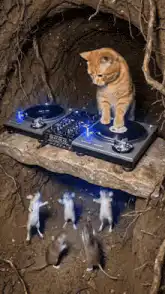 DJ cat playing for dancing mice