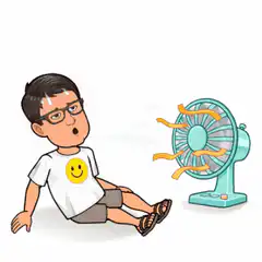 Sweating man sitting near fan
