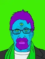 Three-eyed blue man with purple hair