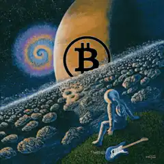 Astronaut sitting on a hill with a Bitcoin planet