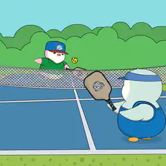 two penguins playing tennis