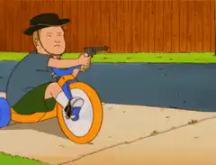Bobby Hill riding tricycle with gun