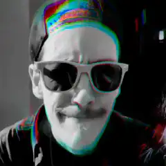 Man in sunglasses and cap with glitch effect