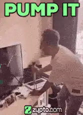 man pumping air into TV