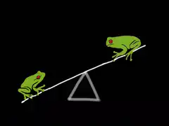 Two green frogs on a seesaw