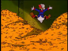 Scrooge McDuck falling into gold coins