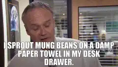 Michael Scott sprouts mung beans in desk drawer