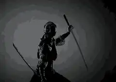 Silhouette of a masked warrior with two swords