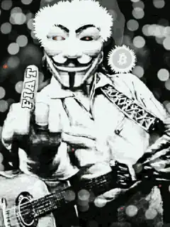 Guy Fawkes mask playing guitar with Bitcoin