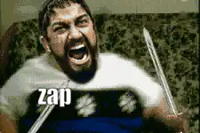 Man screaming with swords and zap text