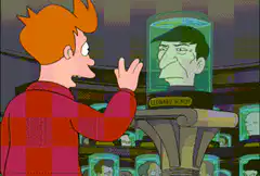 Fry waves at Leonard Nimoy head