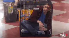 Woman sitting in a dog cage in a store