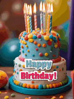 Happy Birthday cake with candles and confetti