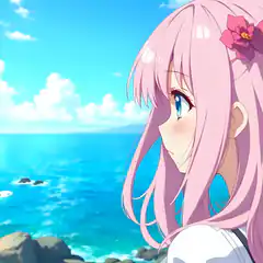 pink hair anime girl ocean view