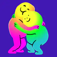 Two colorful blob characters hugging