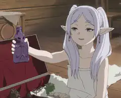Frieren holding a purple potion bottle