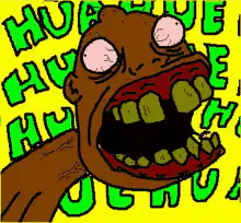 Laughing brown head with huahue text