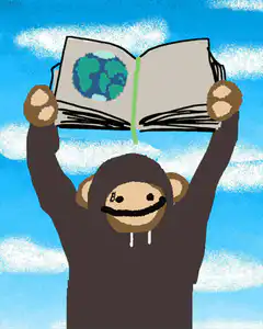 monkey holding book with earth and pea