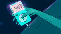 Hand holding a glowing blue music player