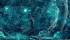 Singer on stage with holographic background