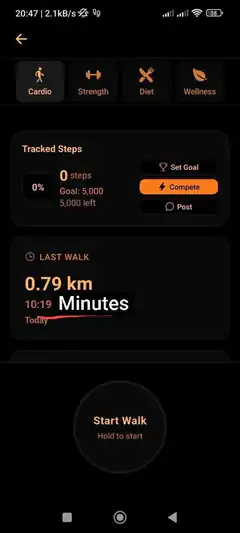 Fitness app step tracker screen