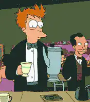 Fry pours coffee into a cup