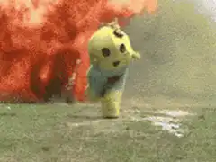 Baby Pikachu running from explosions