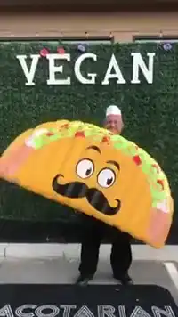 Man in taco costume at vegan event