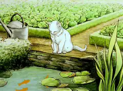 White cat sitting by a pond