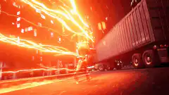 Character struck by lightning next to truck