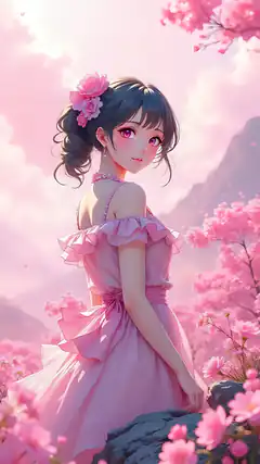 anime girl in pink dress with flowers