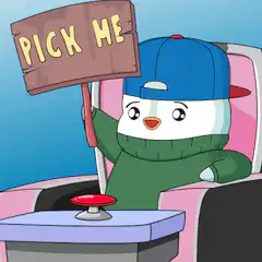 Penguin holding pick me sign