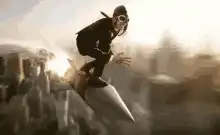 Man riding a giant pencil over a city