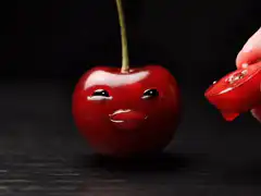 Cherry with face eating a cherry slice