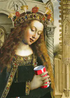 Renaissance painting with soda cans and palm fronds