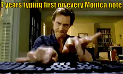 Willem Dafoe typing on Monica notes
