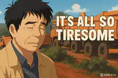 Tired man with dump trucks