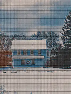 Blue house through a screen