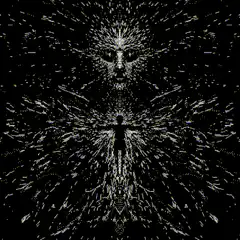 Silhouette figure with glowing wings and face