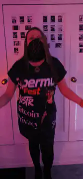 Woman showing off Bitcoin shirt