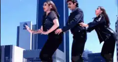 Three people dancing in a line