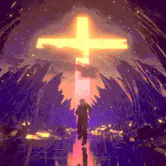 Silhouette walking towards glowing cross